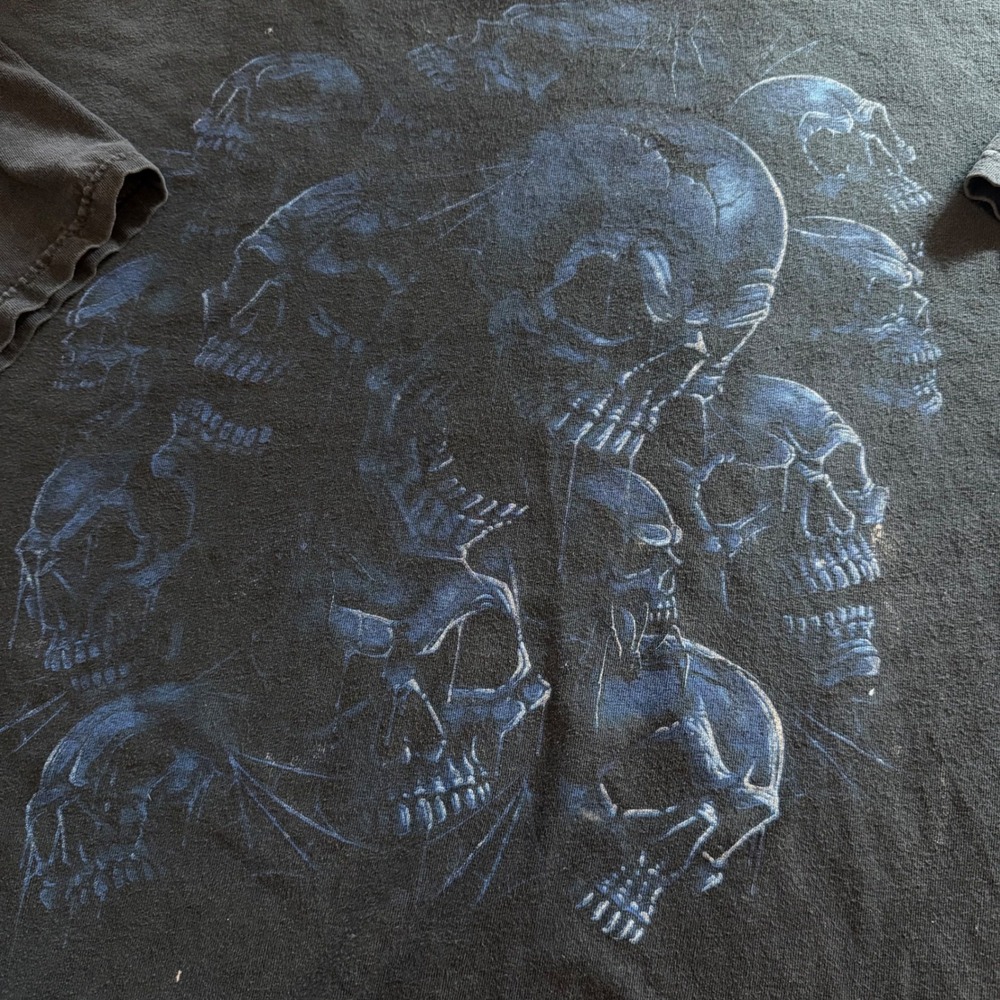 Vintage Y2K Blue Skull Shirt Mens 2XL Boxy Black Short Sleeve Gothic Grunge Tee - Picture 2 of 7